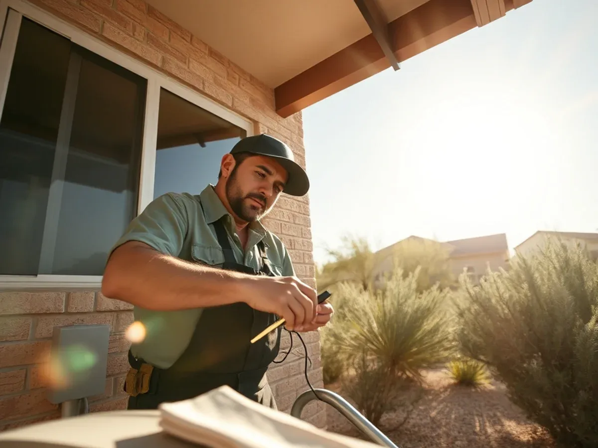 HVAC technician servicing an outdoor condenser unit at an Apache Junction home