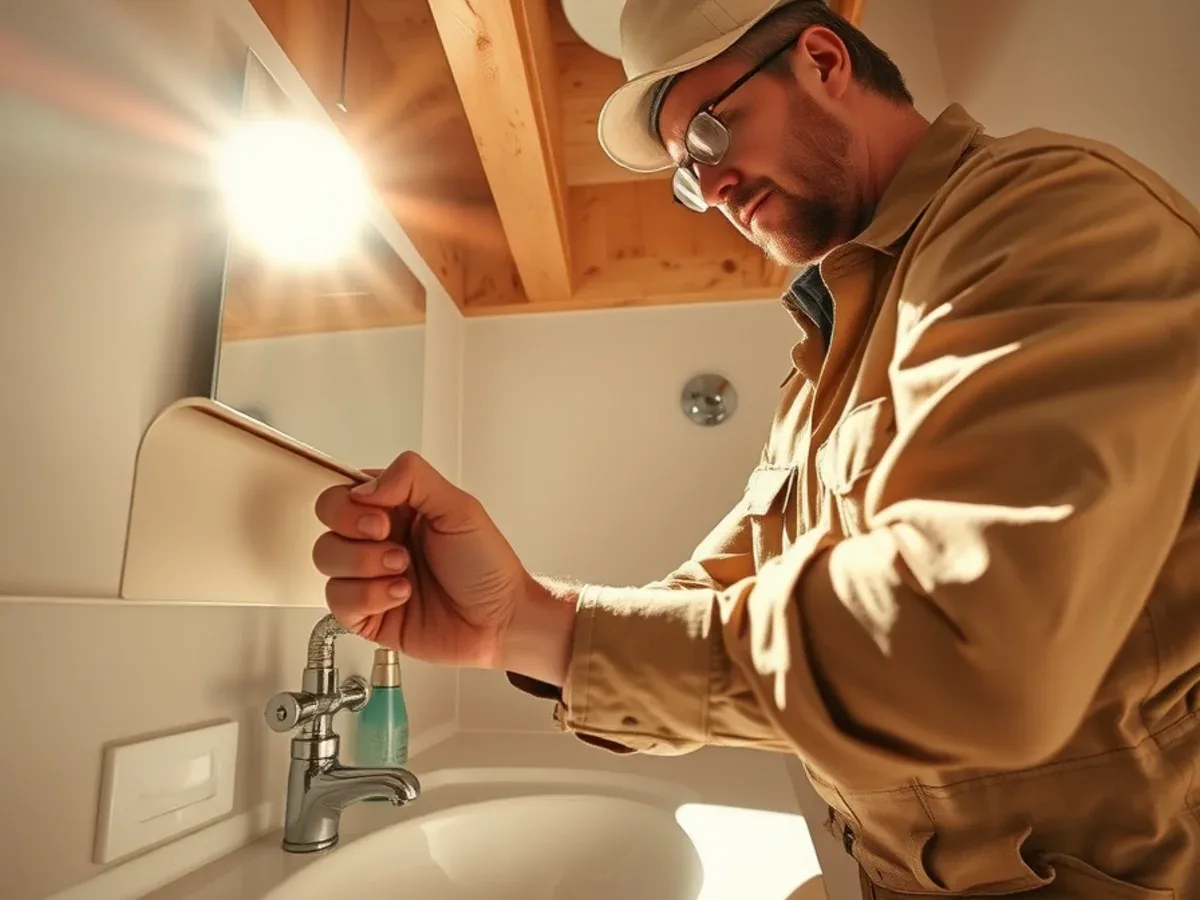 Plumber identifying supply pipe material under a bathroom vanity