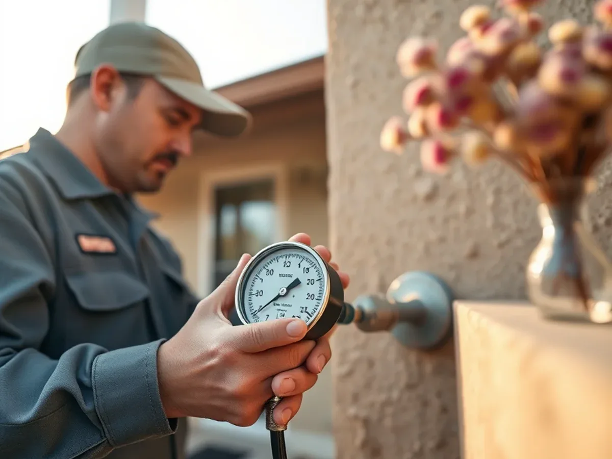Pressure gauge reading on the hose bib of an older stucco home