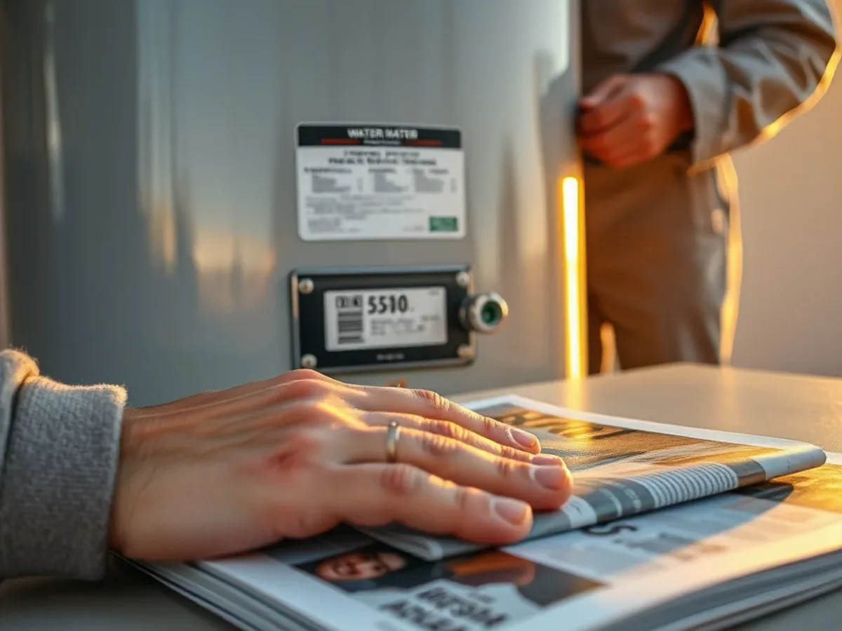 Close-up of a water heater data plate serial number being read