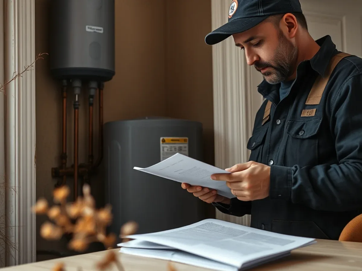 Buyer and plumber reviewing notes beside an older home's water heater