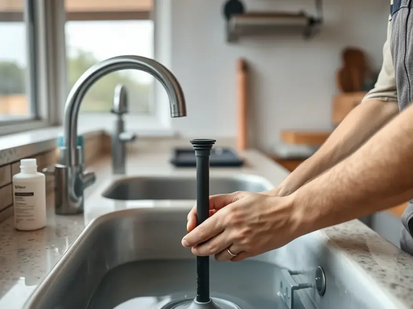 Homeowner removing a P-trap under a sink to clear a clog, next to a professional drain machine