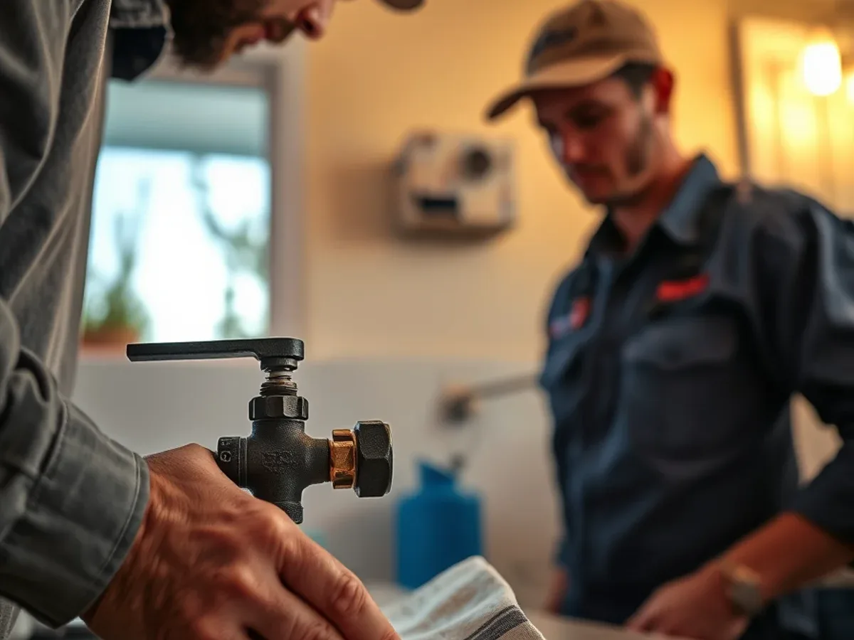 Emergency plumber shutting off a main water valve at night in an Apache Junction home