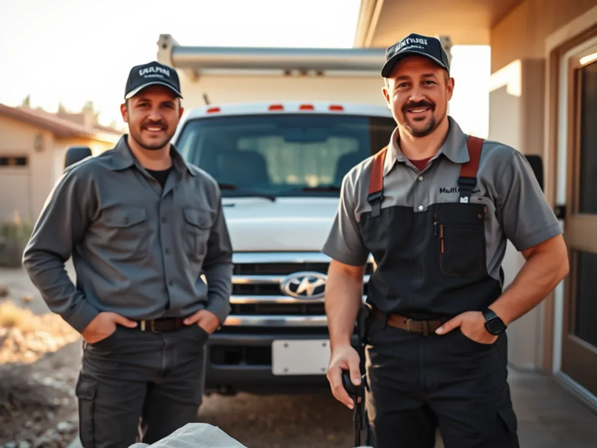 Two working plumbers arriving at a modest desert home with their own truck