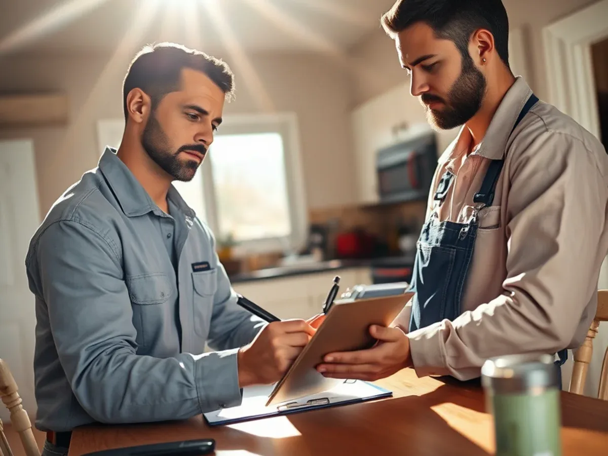 Plumber writing an estimate on a clipboard at a kitchen table, no sales folder