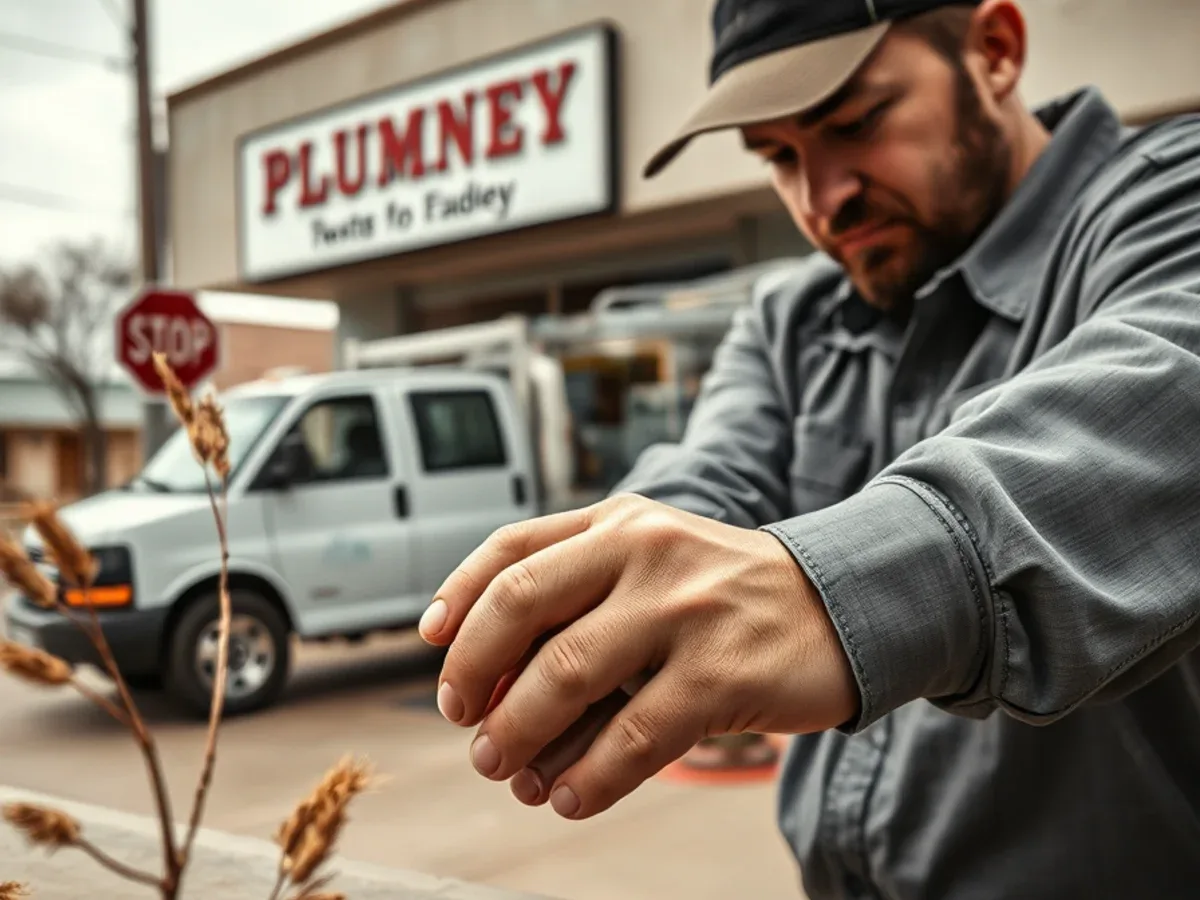 Local plumbing shop front on a small-town Arizona street with a work truck outside