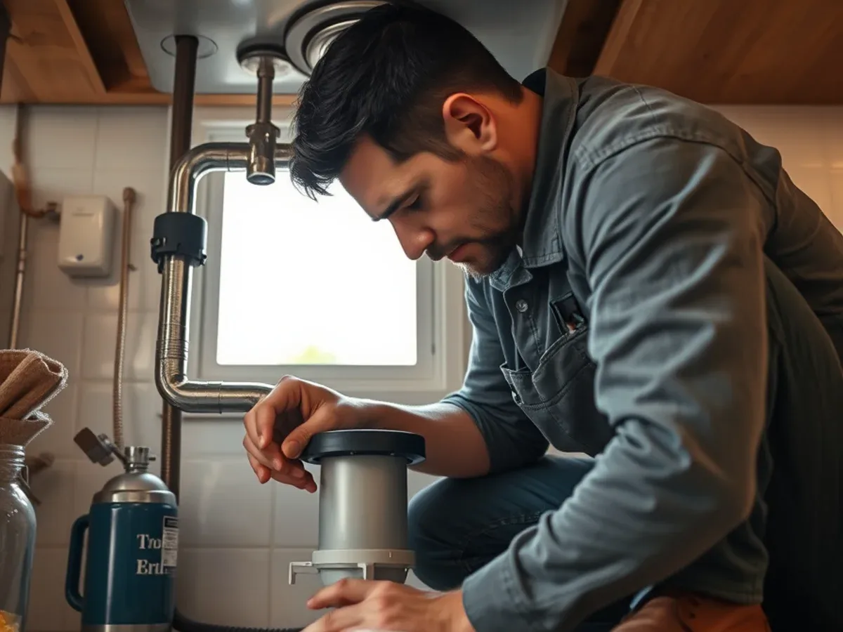 Plumber servicing a garbage disposal under an Apache Junction kitchen sink