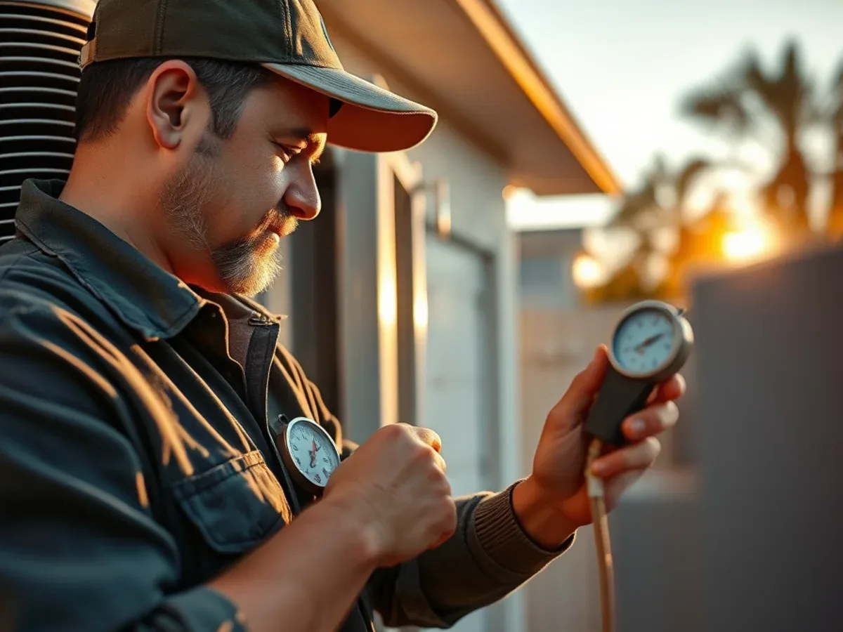 HVAC technician checking refrigerant pressures during a tune-up in Apache Junction