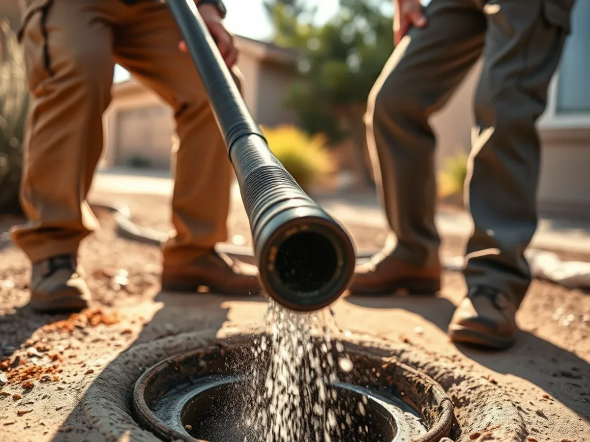 Hydro jetting hose being fed into a sewer cleanout at an Apache Junction home