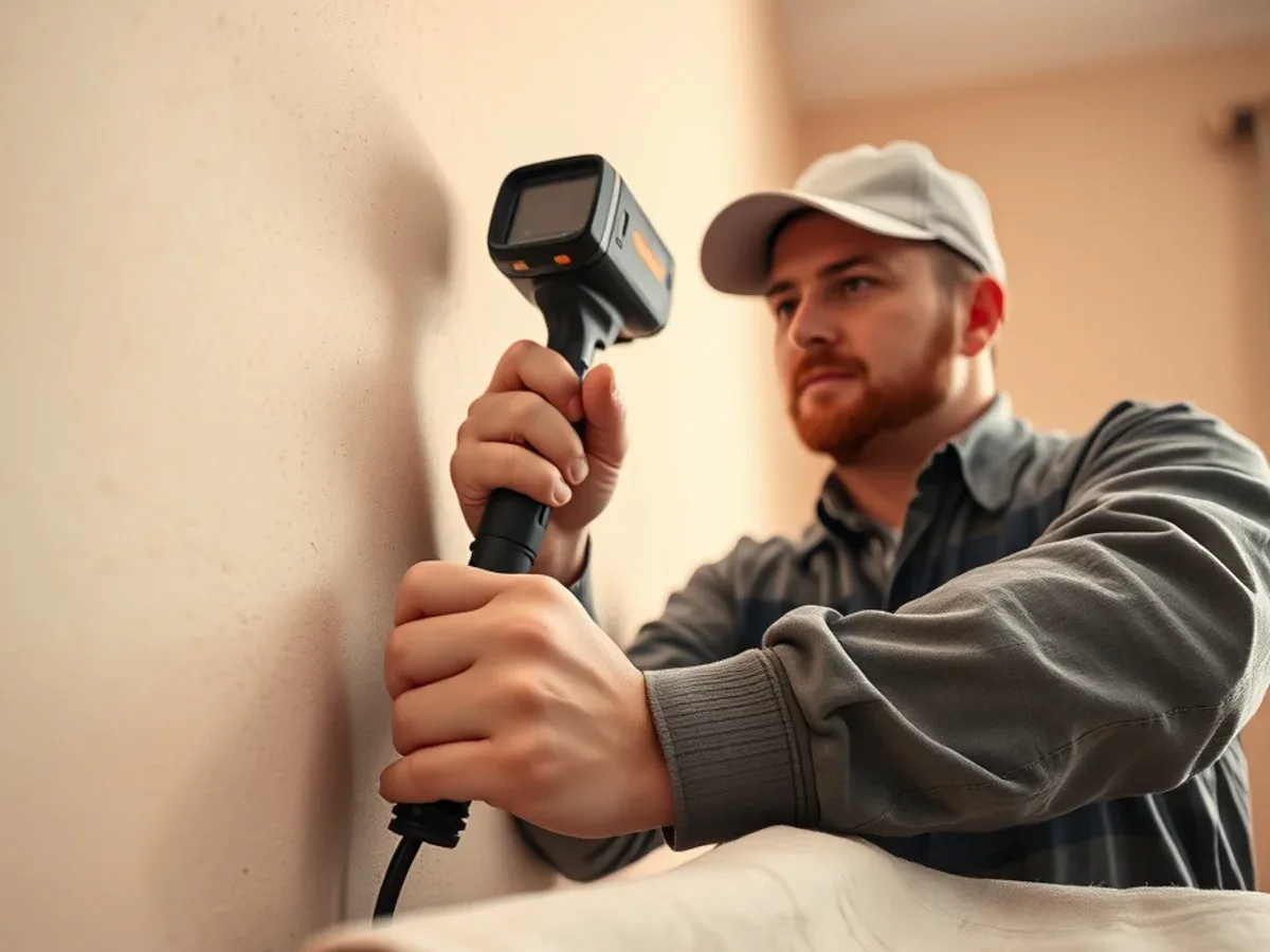 Plumber scanning a wall with a thermal camera during leak detection in Apache Junction