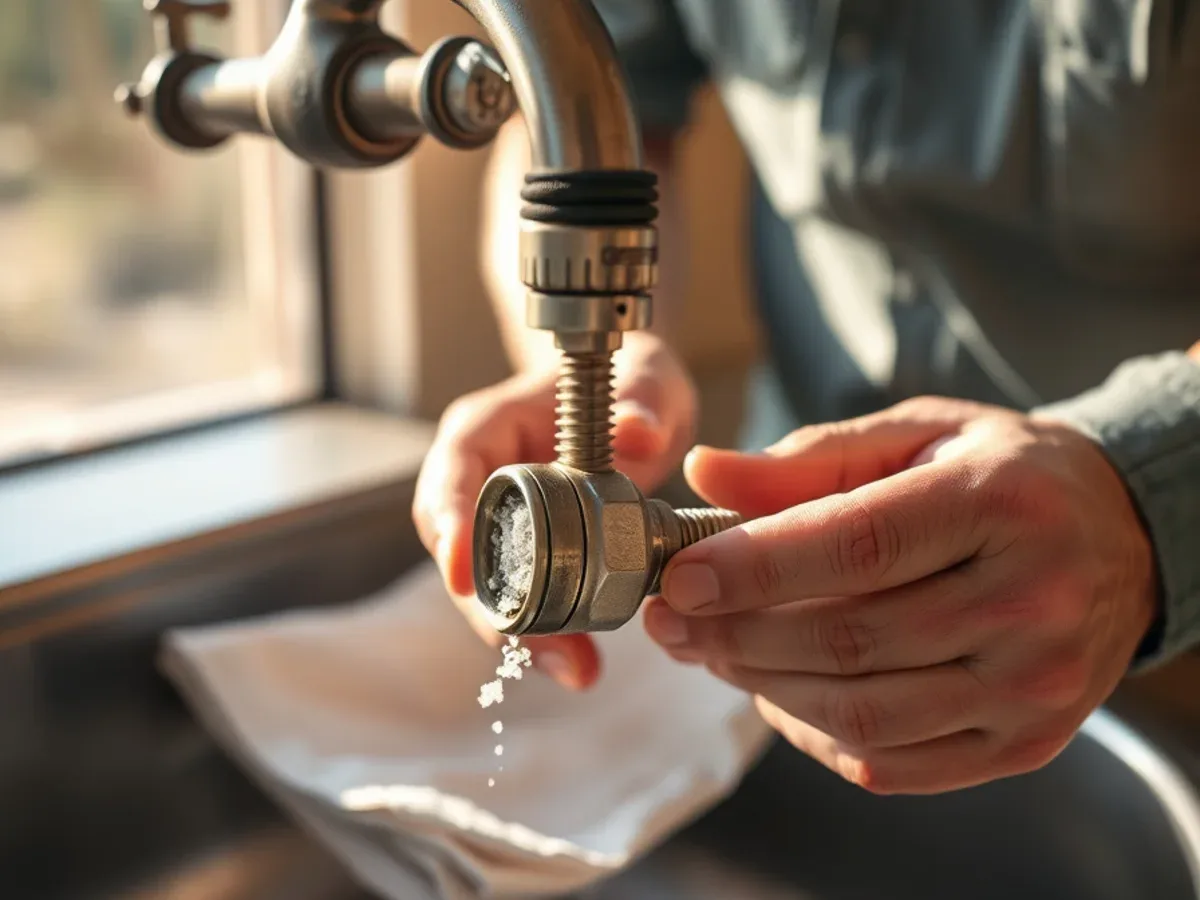 Clogged faucet aerator unscrewed and full of white mineral grit