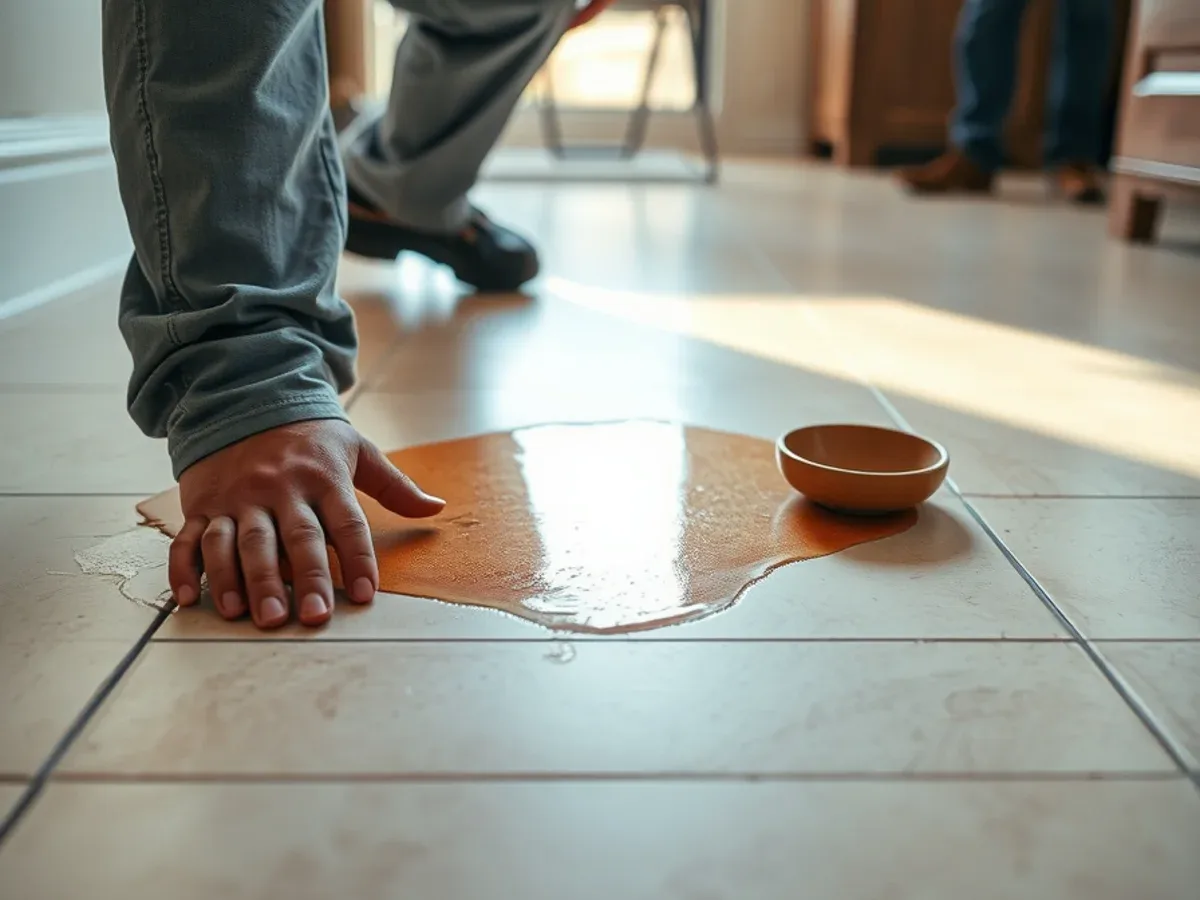 Warm damp patch on tile flooring indicating a hidden slab leak
