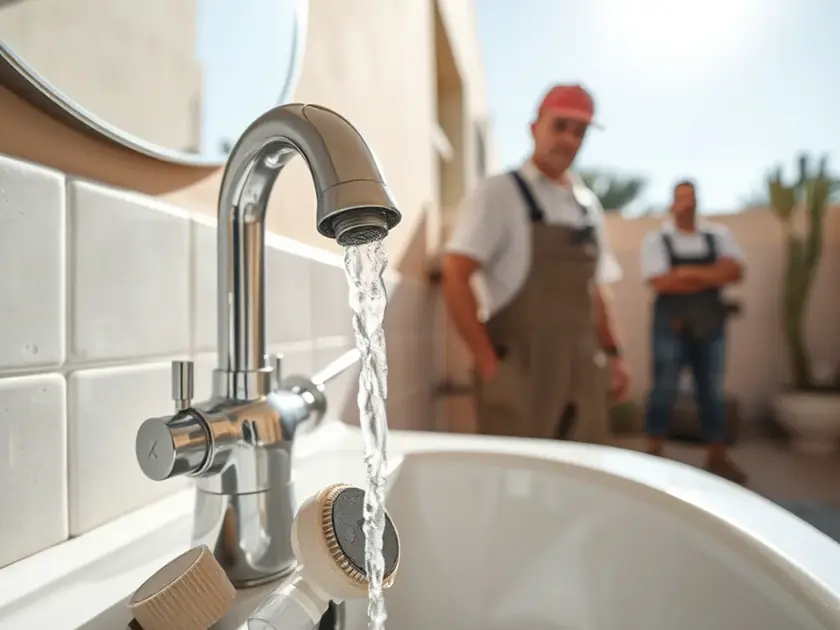 Plumber testing static water pressure with a gauge on a hose bib at an Arizona home