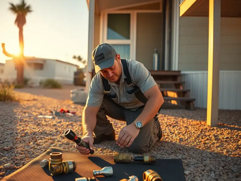 Plumber repairing a supply line in the underbelly of a manufactured home in Apache Junction, AZ
