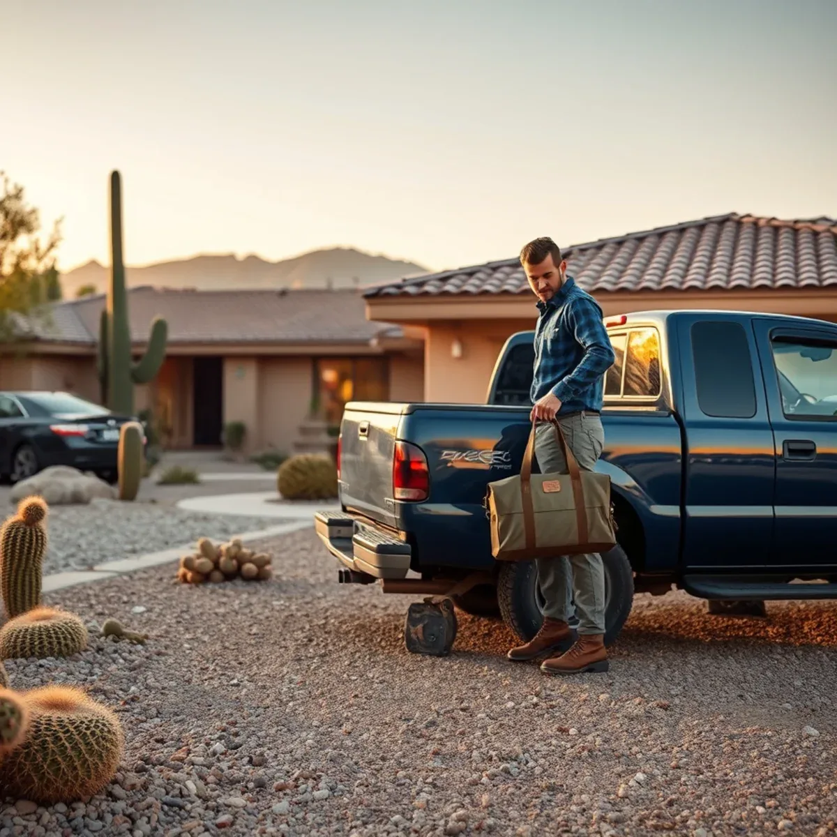 Plumber locating an irrigation leak in a gravel desert yard at a Desert Uplands home in Apache Junction, AZ