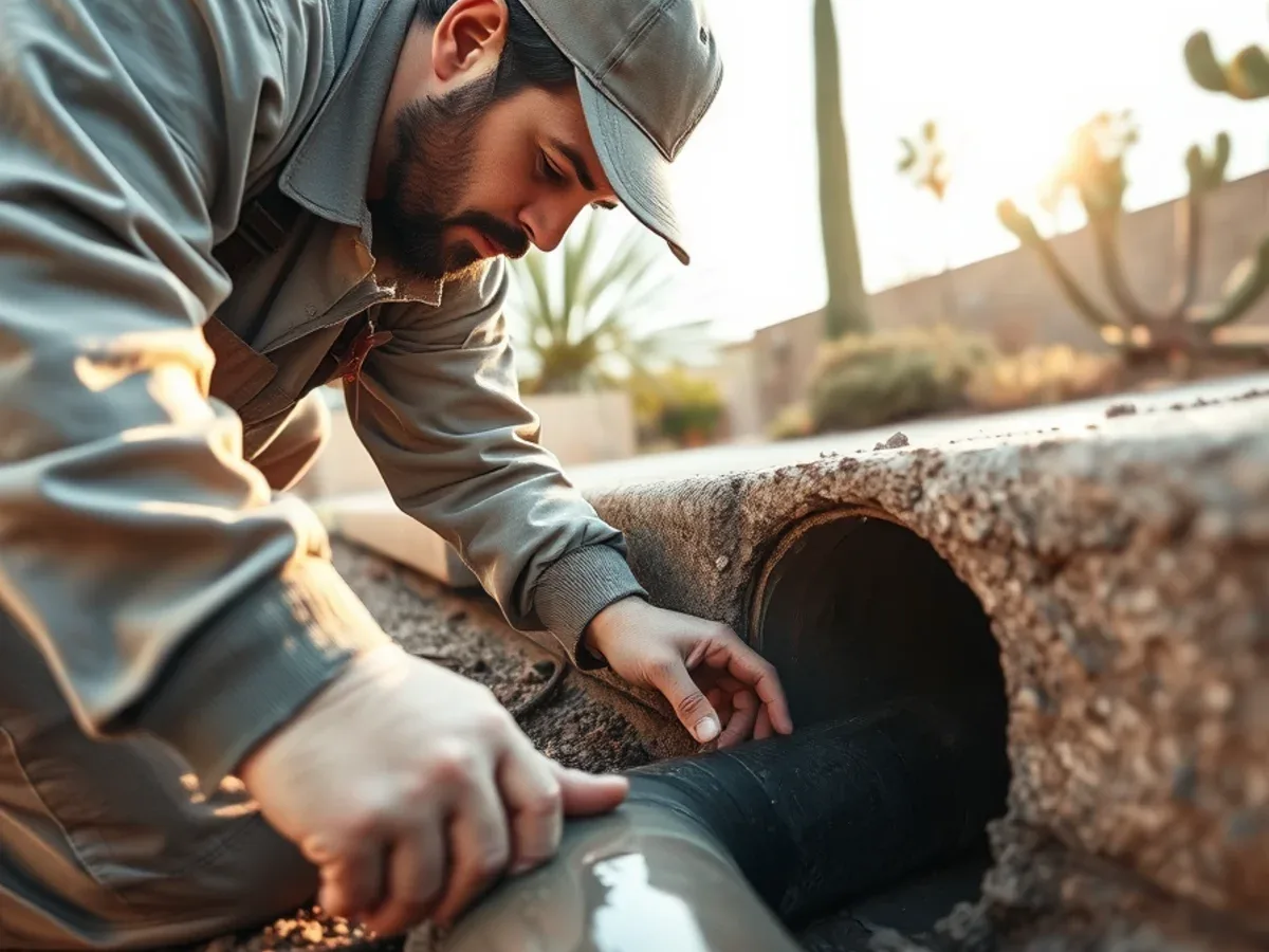 Plumber clearing a main sewer line through an exterior cleanout before monsoon