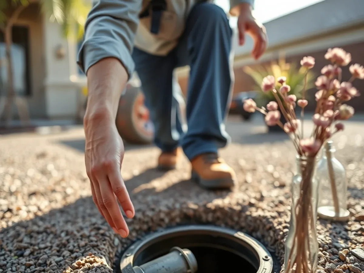 Homeowner checking yard drainage and an exposed sewer cleanout in a gravel yard