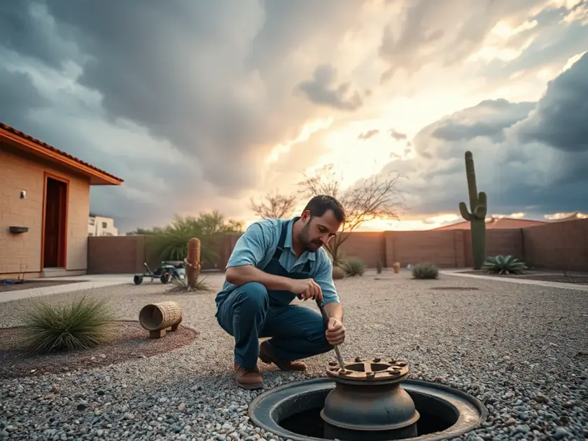 Monsoon storm clouds over Apache Junction, AZ with water running past a residential drain