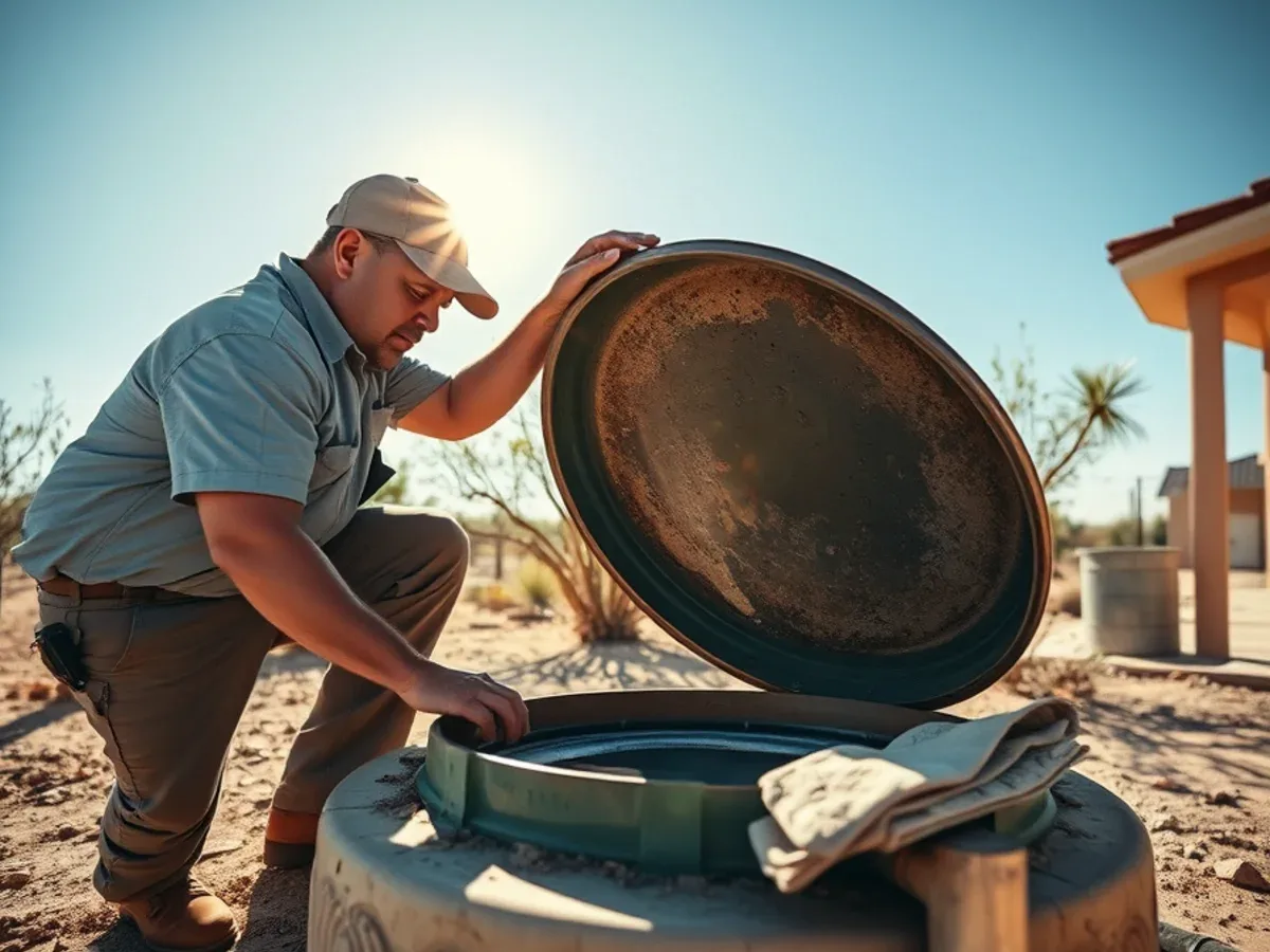 Plumber inspecting an open septic tank lid on a rural Apache Junction property