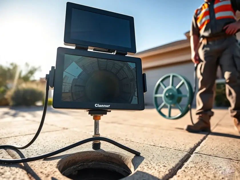 Sewer camera monitor showing root intrusion at a joint in a clay sewer lateral in Apache Junction, AZ