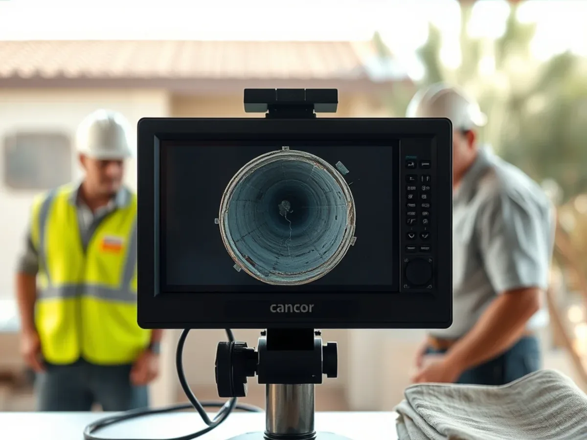 Sewer camera monitor showing a cracked line during an Apache Junction inspection