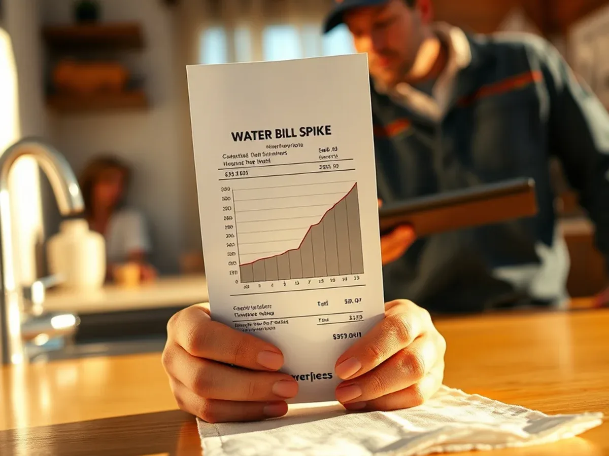 Water bill showing a sharp unexplained increase on a kitchen counter