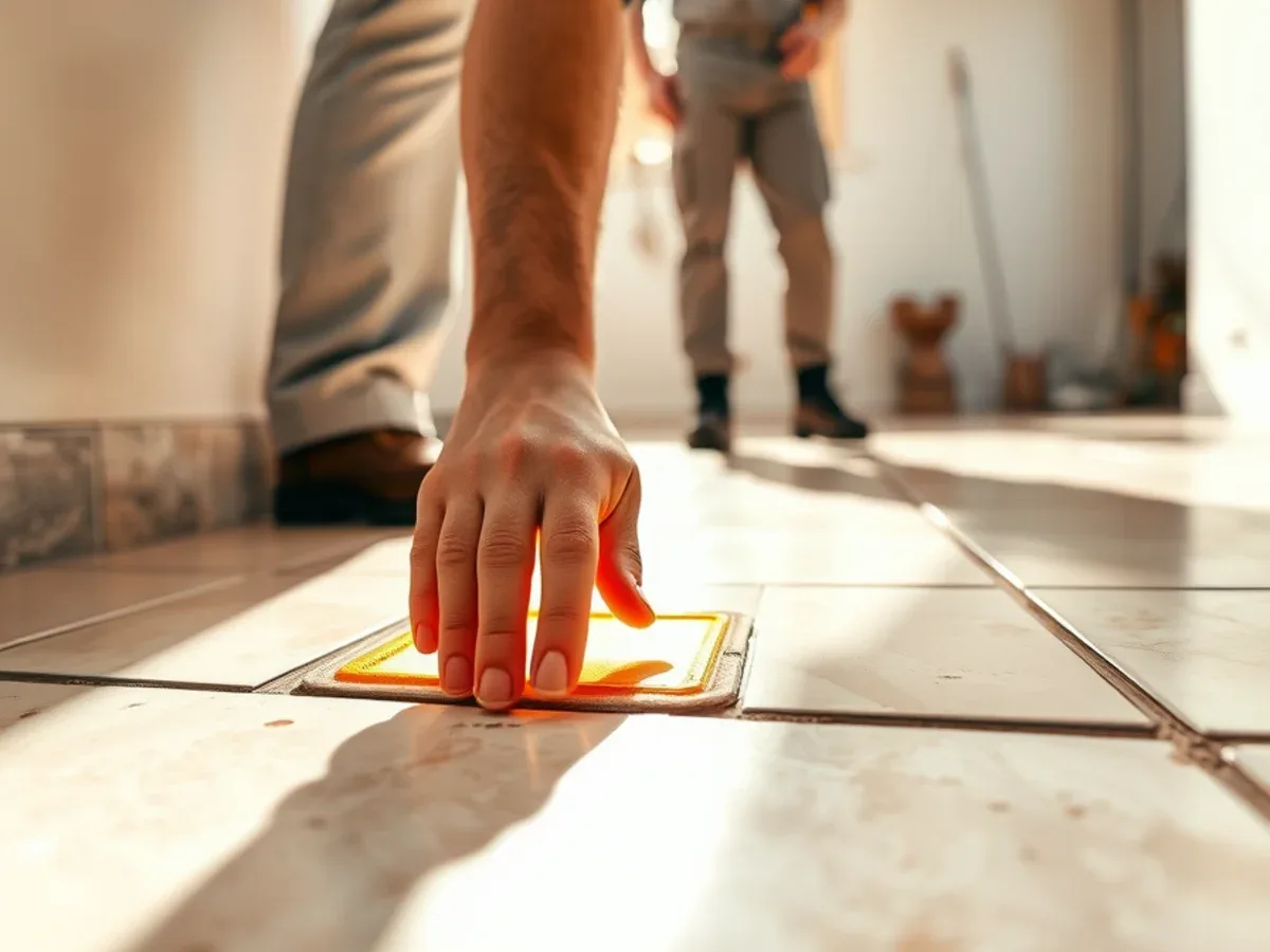 Bare hand feeling a warm patch on a tiled floor above a slab