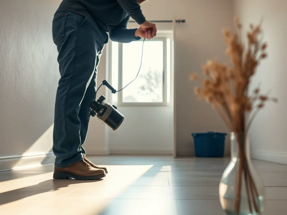 Plumber listening with acoustic equipment in a quiet empty room