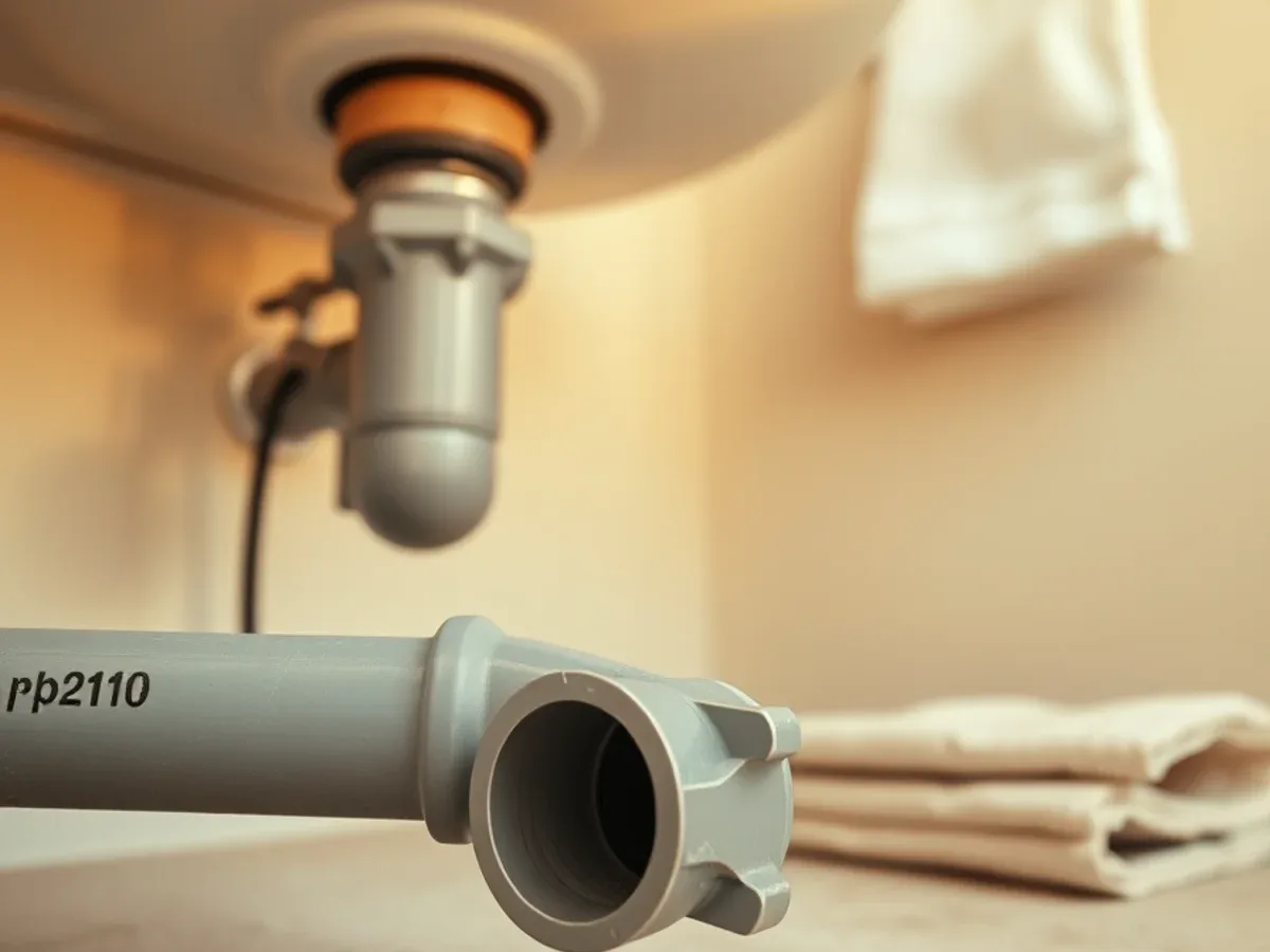 Gray polybutylene supply pipe stamped PB2110 under a bathroom sink