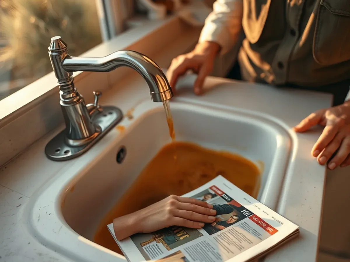 Rusty discoloured water filling a white sink on the first draw