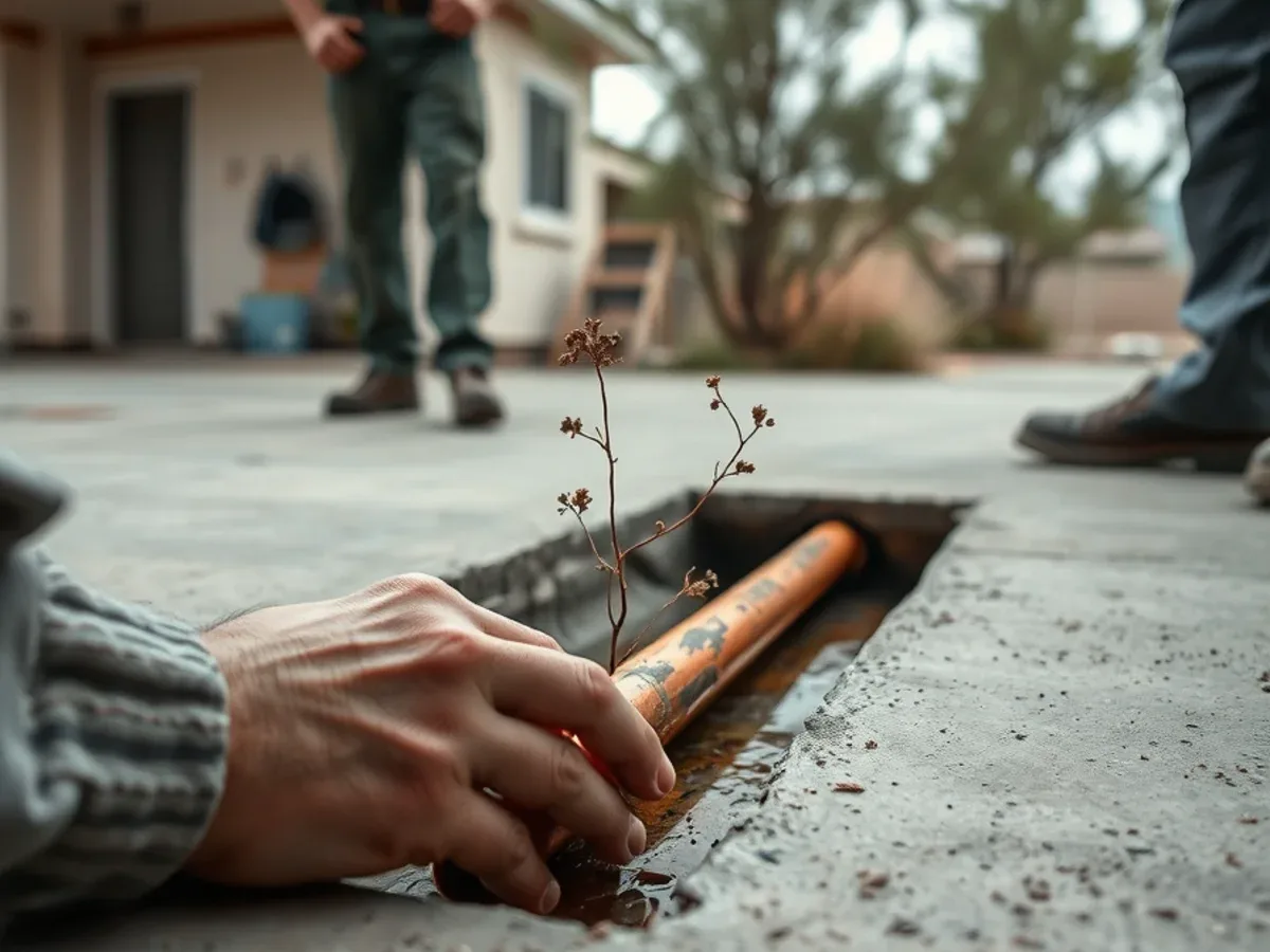 Concrete slab opened to expose a leaking original copper line