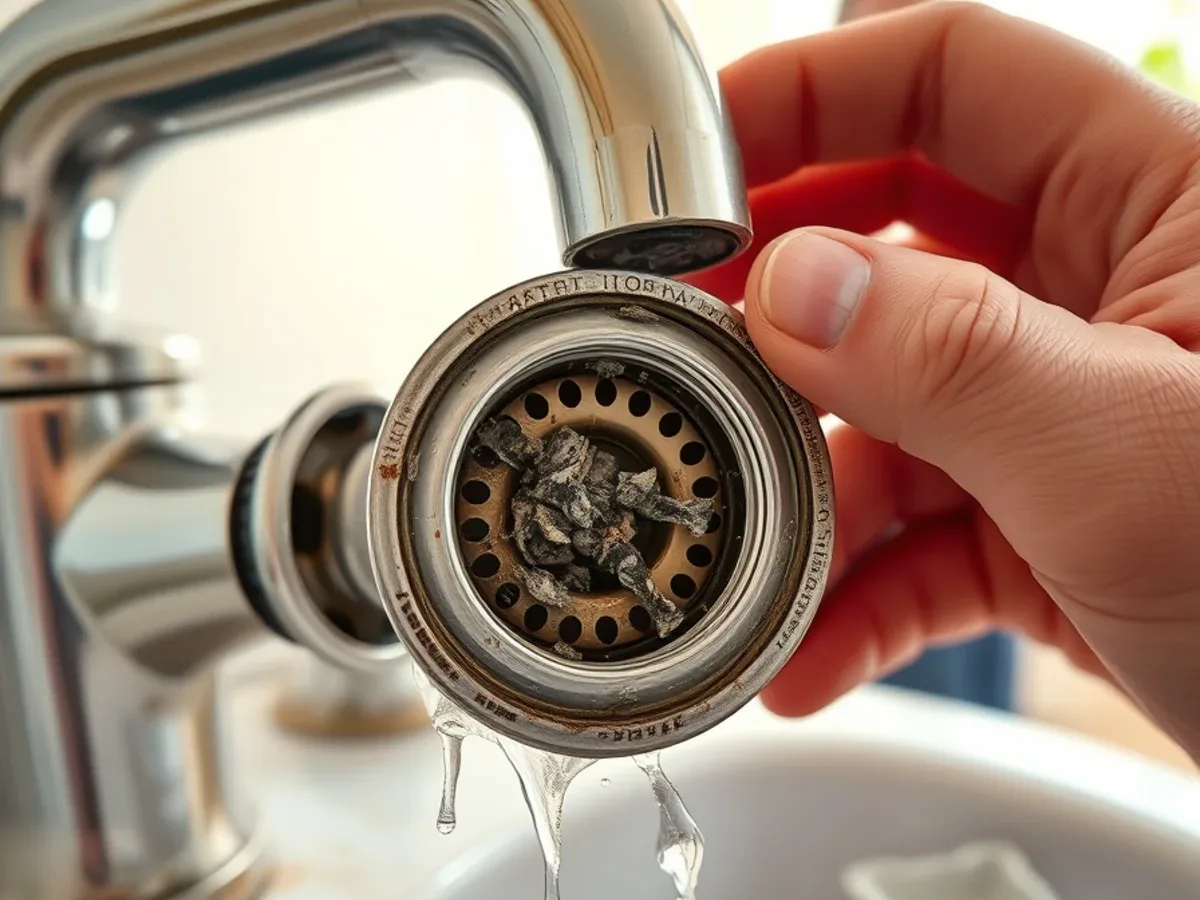 Faucet aerator removed showing mineral debris clogging the screen