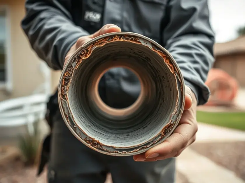 Corroded galvanized pipe section cut open beside new PEX during a repipe in Apache Junction, AZ