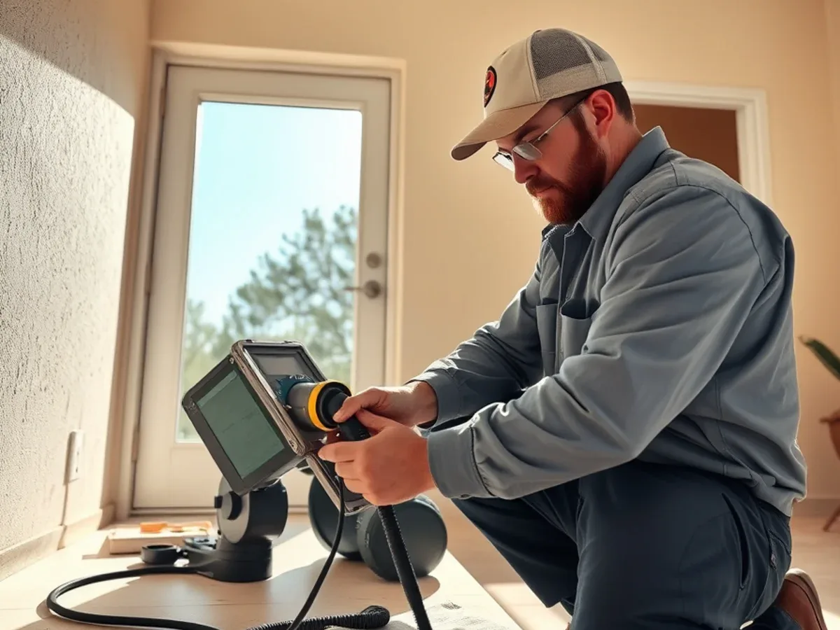 Plumber using acoustic equipment to locate a slab leak in an Apache Junction home