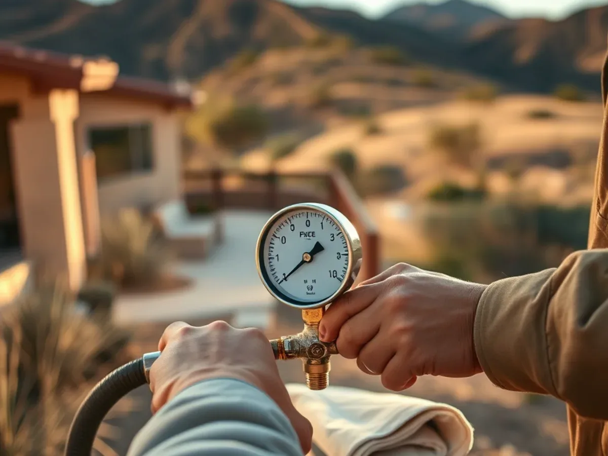 Pressure gauge on a hose bib at a hillside home below the Superstition Mountains
