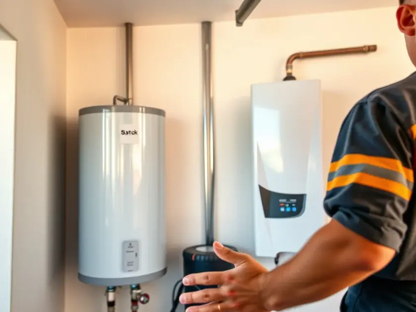 Wall-mounted tankless water heater next to a traditional tank water heater in an Arizona garage