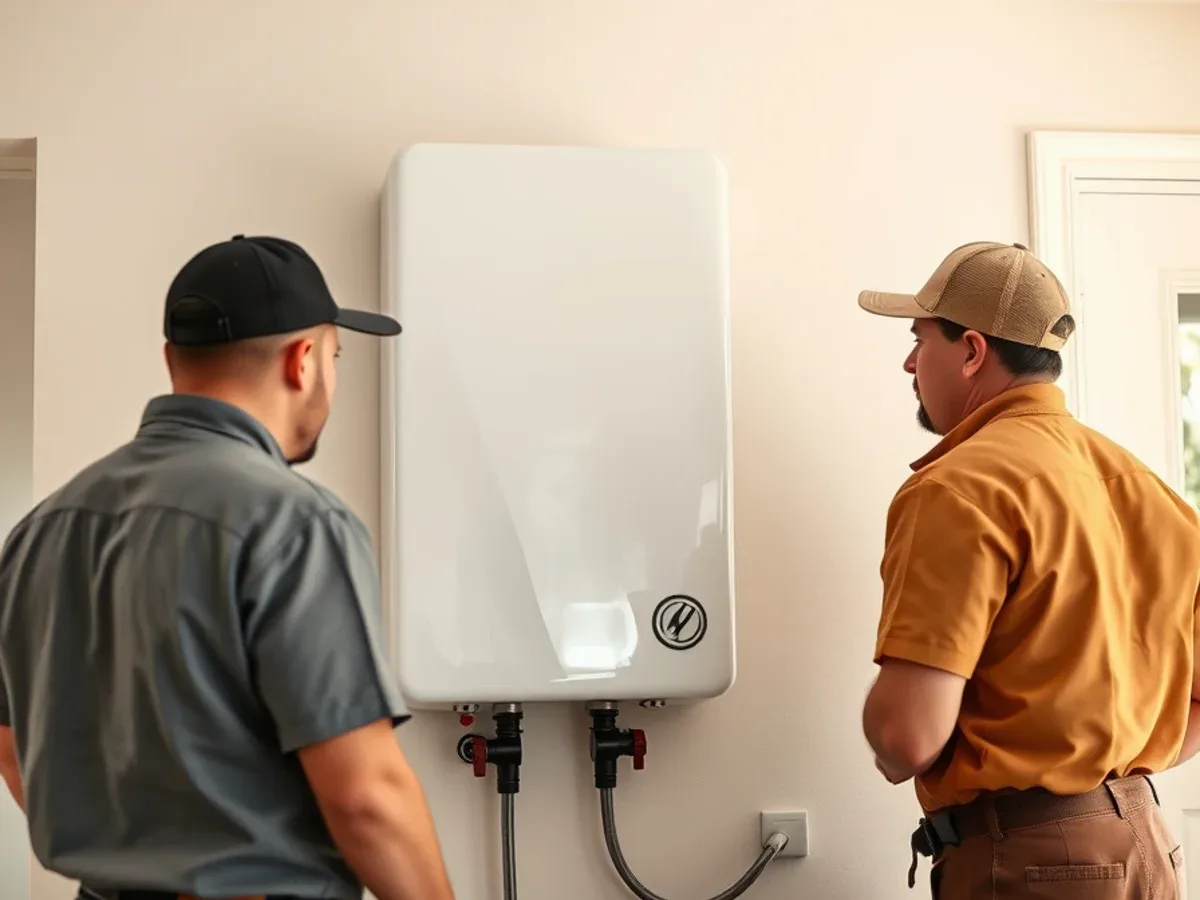 Wall-mounted tankless water heater newly installed in an Apache Junction home