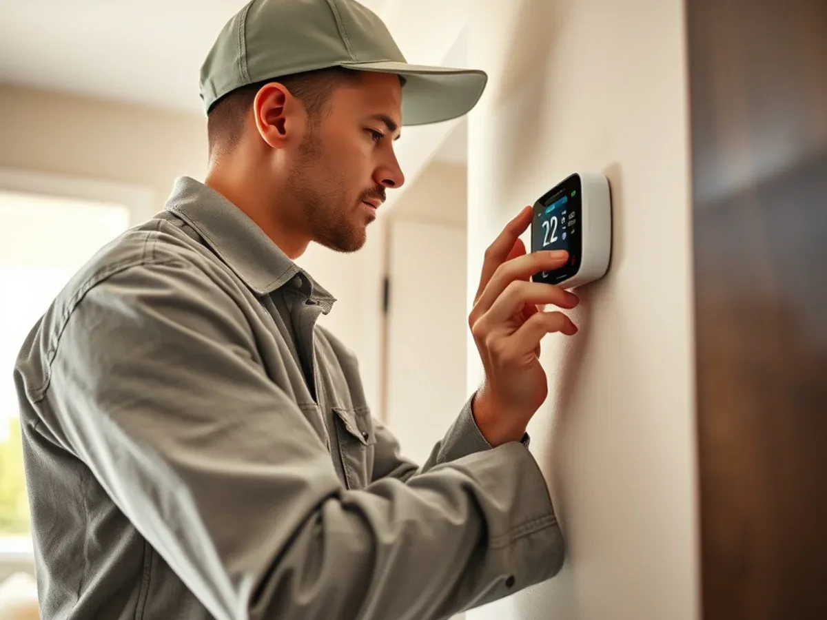 Technician wiring a new smart thermostat in an Apache Junction home