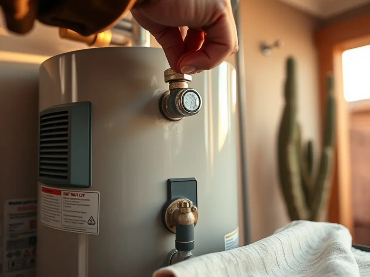 Hand closing the cold water shutoff valve above a leaking water heater