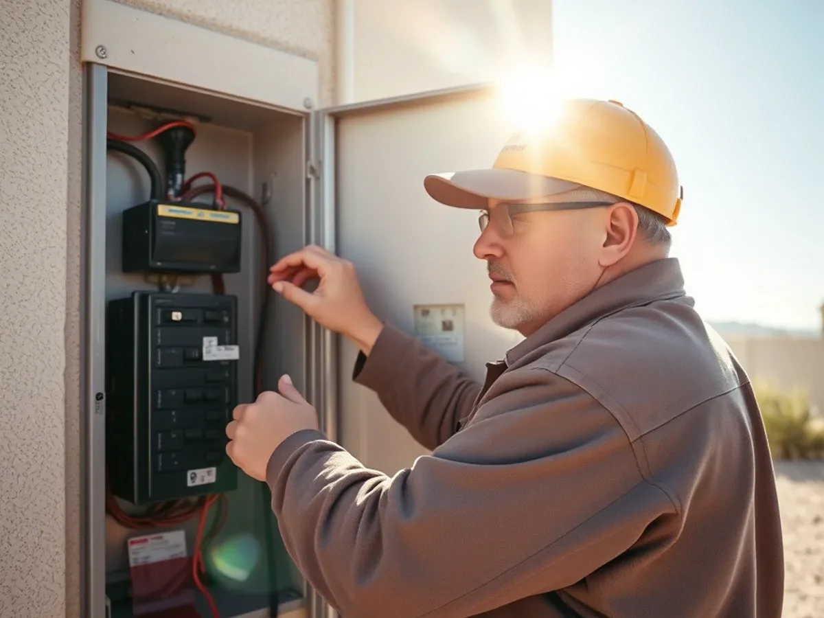 Homeowner switching off the water heater breaker in an electrical panel