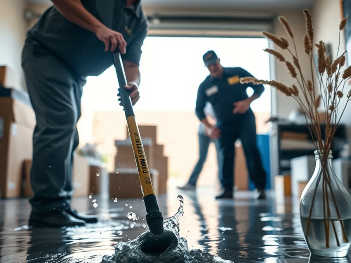 Water being squeegeed away from stored boxes in a flooded garage
