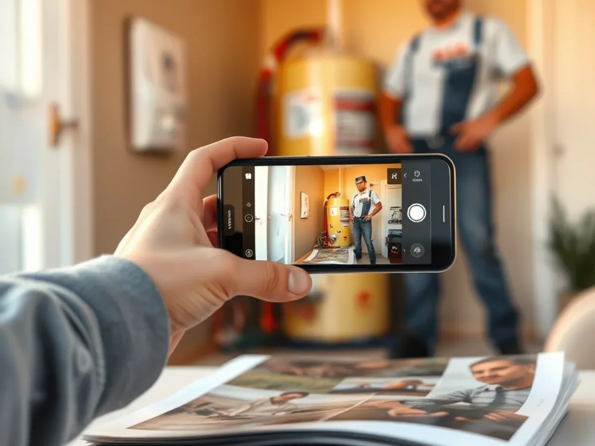 Phone photographing water damage around a failed water heater before cleanup
