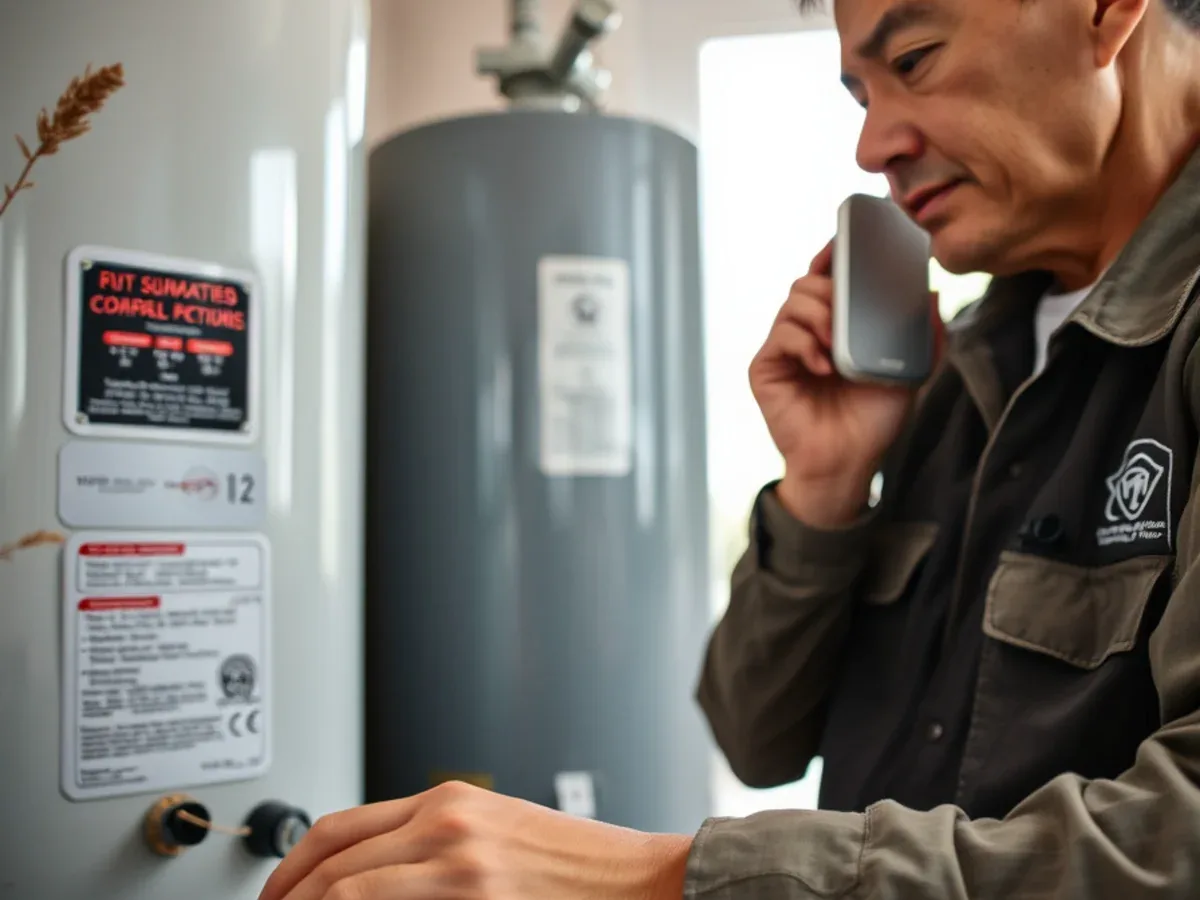 Homeowner on the phone beside a failed water heater with the data plate visible