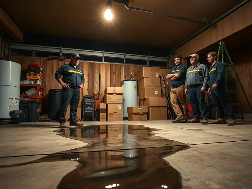 Water spreading across a garage floor from a failed water heater tank at an Apache Junction, AZ home