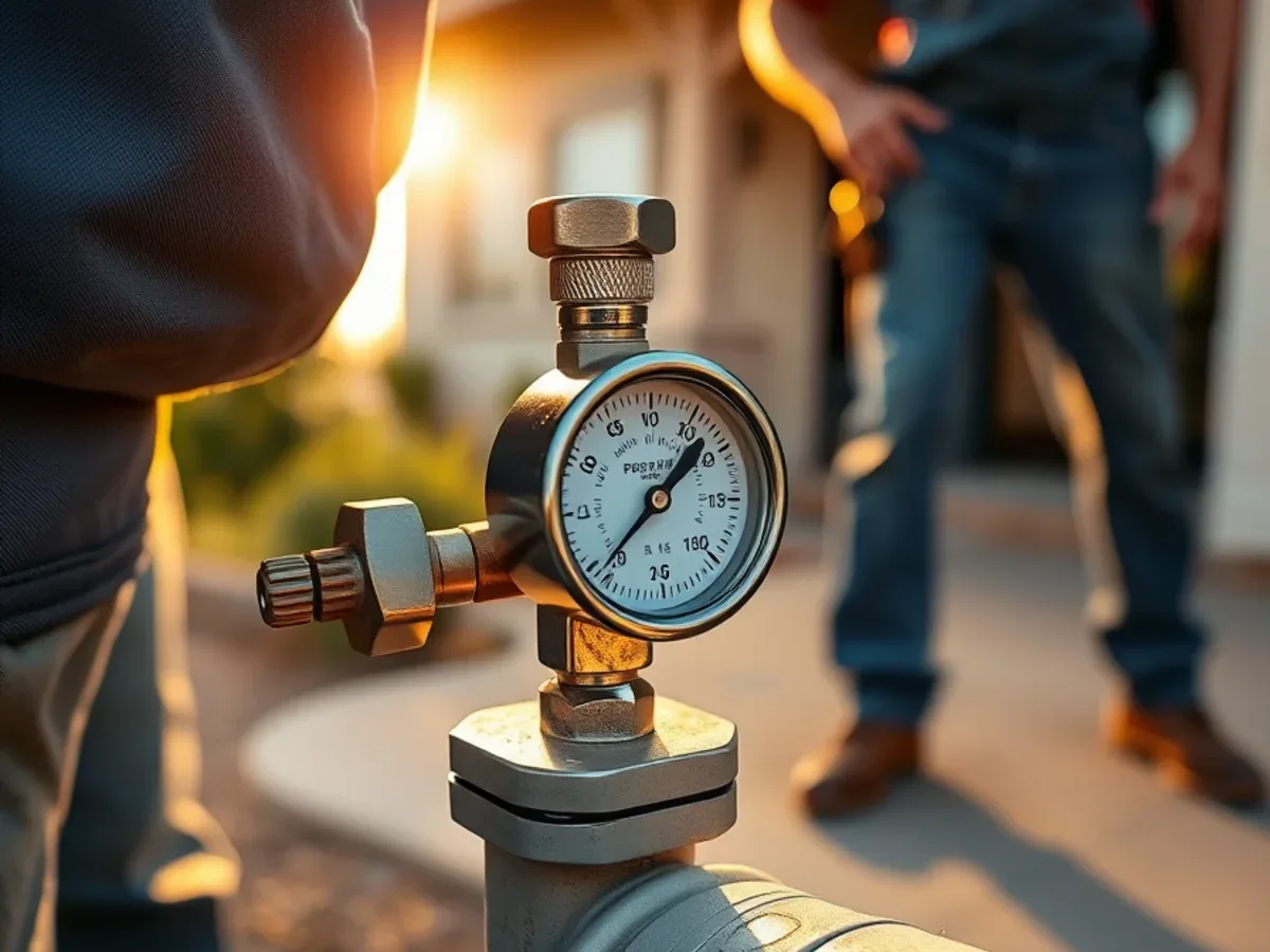 Water pressure gauge attached to a hose bib at an Apache Junction home