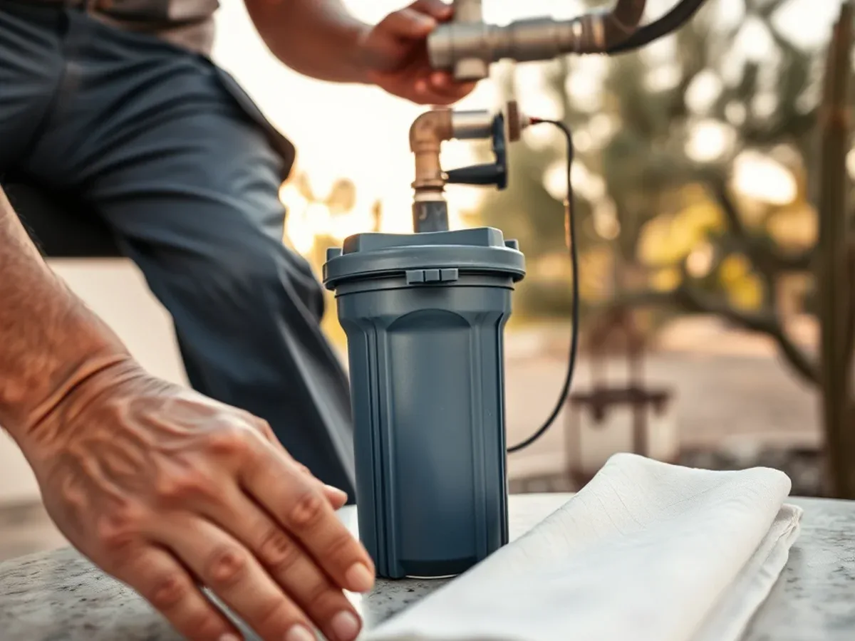 Whole-house water filter housing plumbed into the main line in Apache Junction