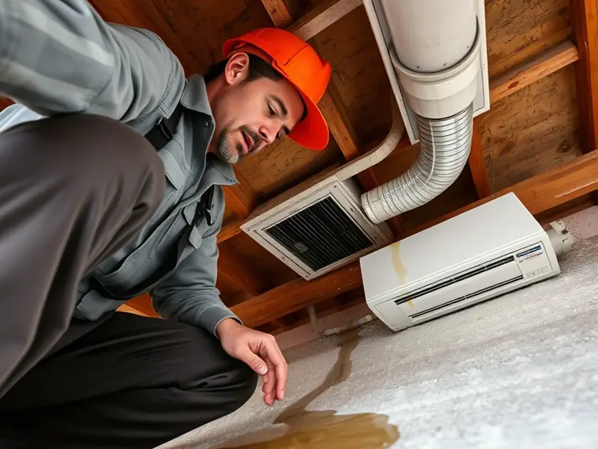 Technician clearing a clogged AC condensate drain line in an attic in Apache Junction, AZ