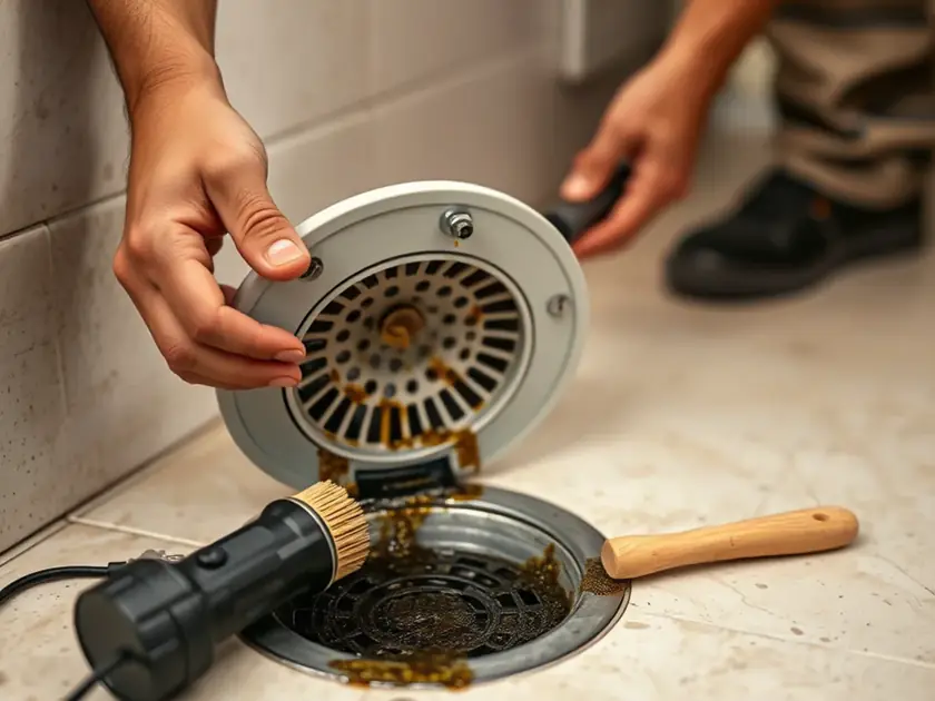 Shower drain being cleaned to remove biofilm causing odor in an Apache Junction, AZ bathroom