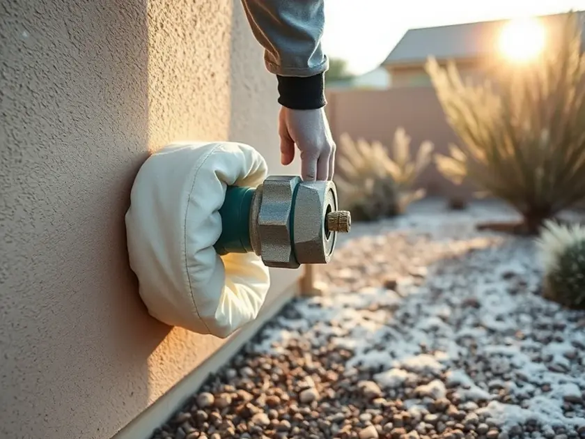 Insulated hose bib cover fitted to an exterior faucet at an Apache Junction, AZ home before a cold snap